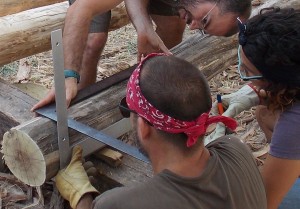 Timber framing workshop at Dancing Rabbit brought new skills for natural building. Here, students make square connections with round logs.