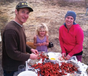 Our orchardist friend Dan Kelly in Canton had a benefit dinner for the New Orleans Chinchilla Rescue Fund at his place featuring Louisiana seafood. Here, Rabbits Dan, Aurelia, and Julie are happily eating the leftover crawfish. Photo by Katherine.