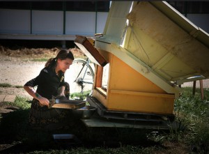 Kassandra cooks dinner in the big solar oven.