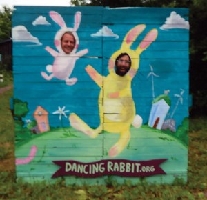 Ted and Thomas having fun with Dancing Rabbit's newest photo op, courtesy of DR's Big BAM prep team (especially Nik the artist and Illly the constructor). Photo by Alline.