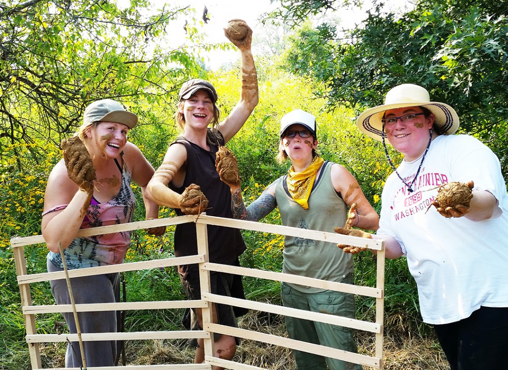 The intrepid Pawpaw Protectors during the hands-on cob workshop led by Hassan for the Permaculture Design Course at Dancing Rabbit. Photo: Midwest Permaculture.