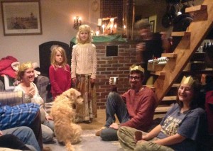 'Twas mostly smiles all round at the Thistledown Cookie Party! Pictured left to right are Mae, Penny (the dog), Althea, Aurelia, Kyle and Sam. Photo by Nathan.